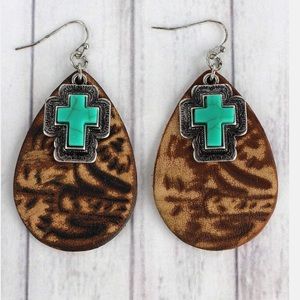 Brown Leather Teardrops Earrings with Cross